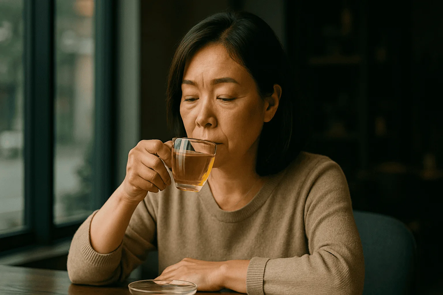 차 마시는 중년 여성