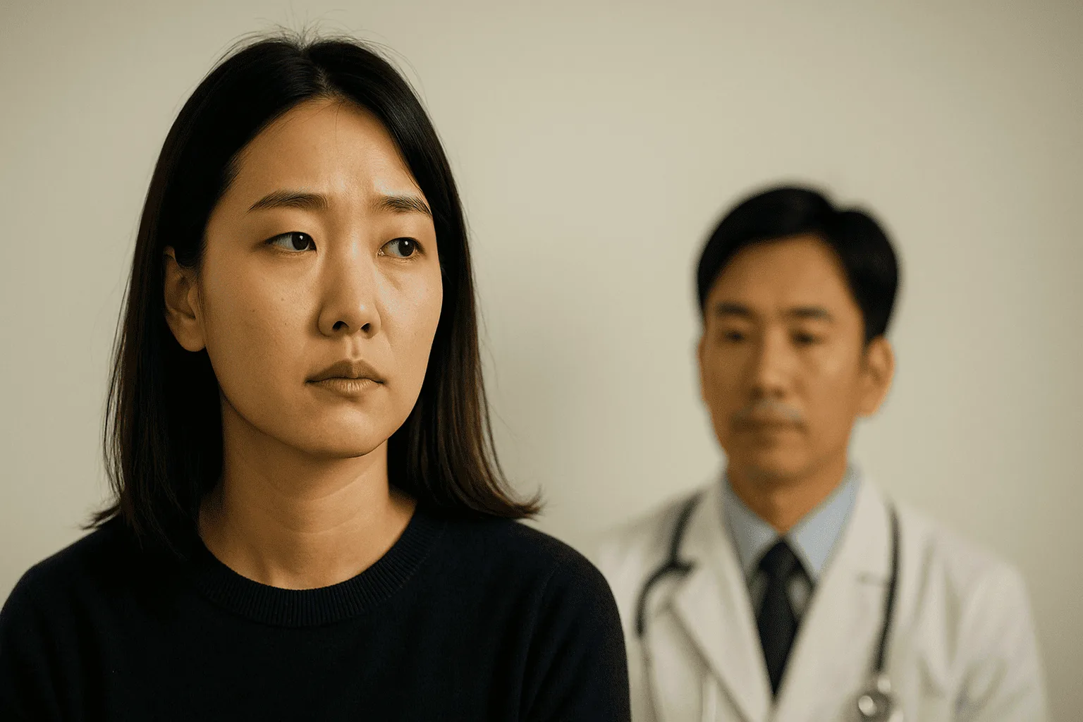 의료 공간 속 두 시선의 간극을 상징하는 환자의 시선